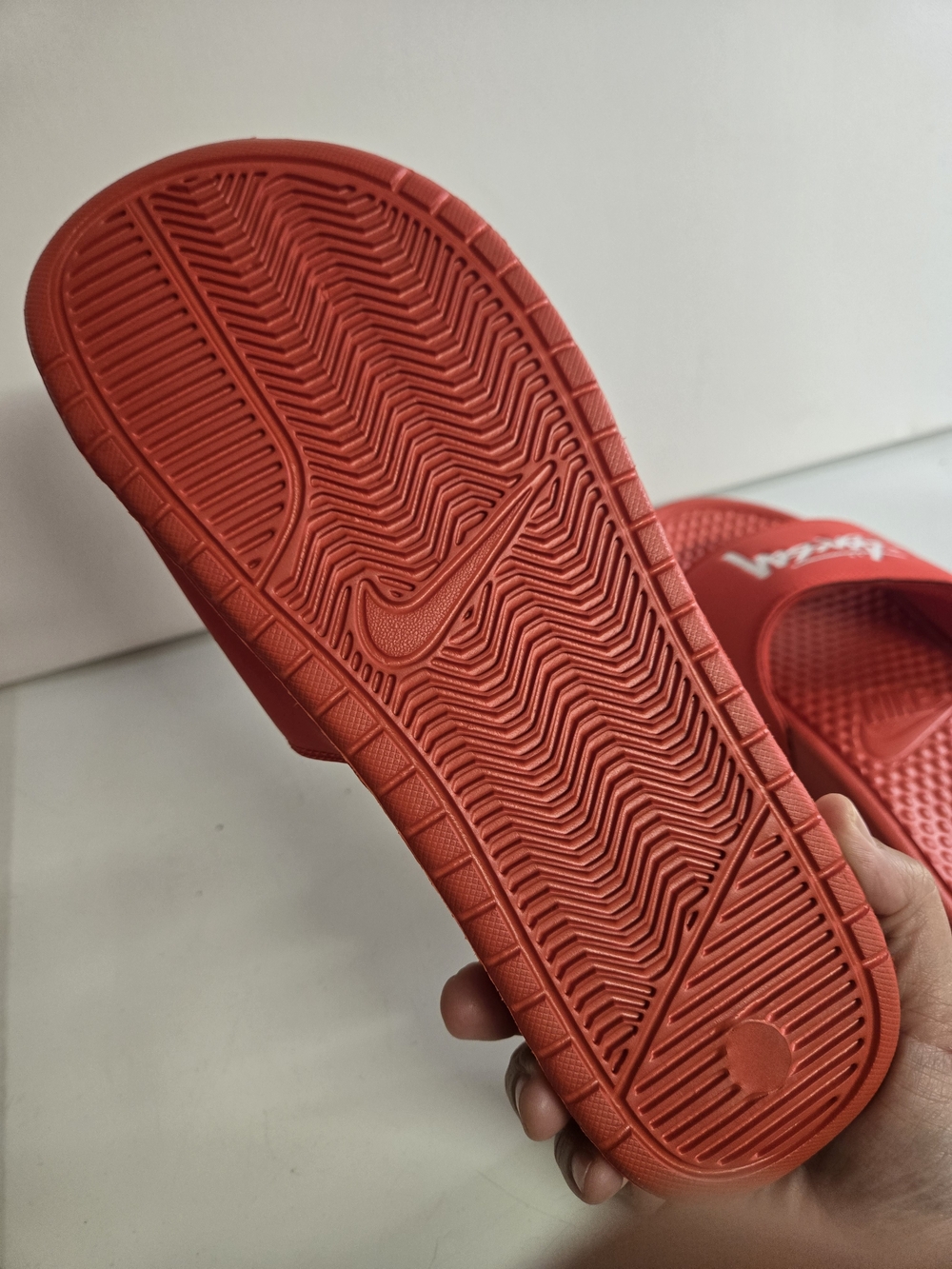 Nike Benassi / Stussy Habanero Red and White Slide Sandals - Picture 5 of 6
